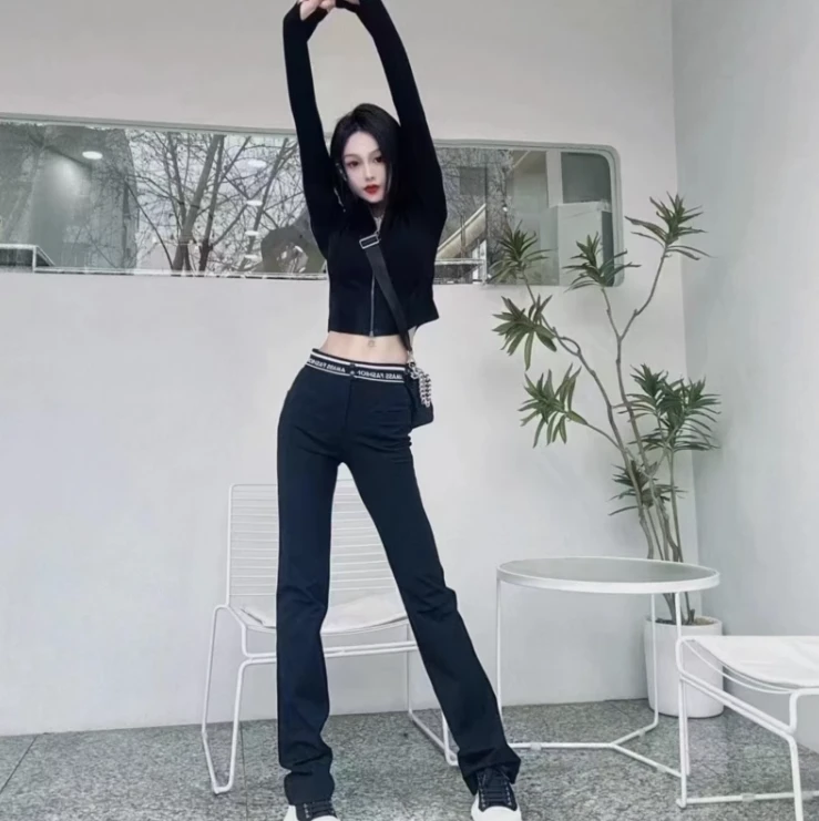 【商场同款】显瘦休闲裤西装弹力微喇黑色松紧腰字母四面弹5100460