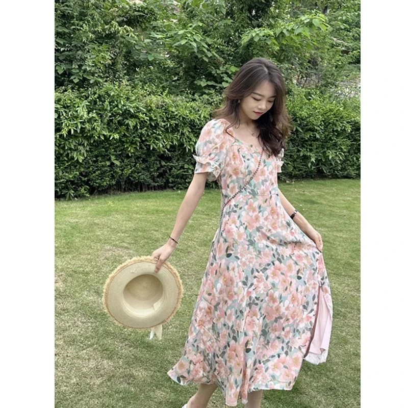 【商场同款】夏季新款方领开叉薄款碎花短袖连衣裙女款1500483