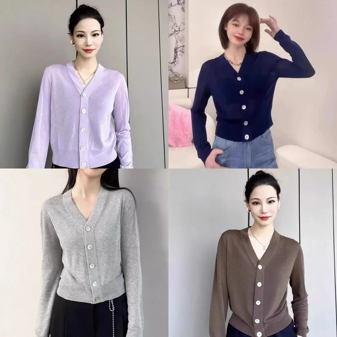 【商场同款】2025春秋季新款V领薄款贝壳纽扣纯色针织开衫女5499132
