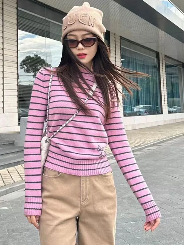 【商场同款】秋冬百搭高领长袖条纹针织衫毛衣时尚圆领套头5399654