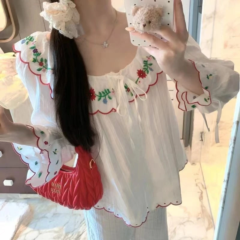 新款法式刺绣纯白棉睡衣女春秋女春秋韩版减龄睡衣两件套装家居服