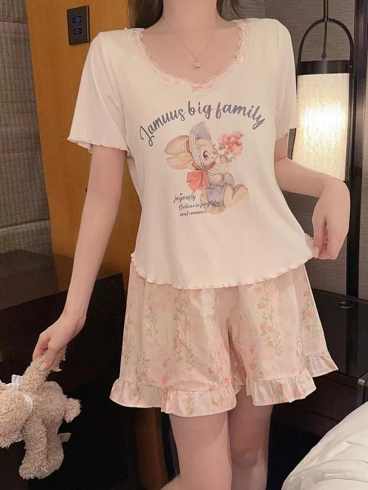 带胸垫睡衣女夏季2024年新款代尔棉甜美可爱短袖长裤家居服可外穿