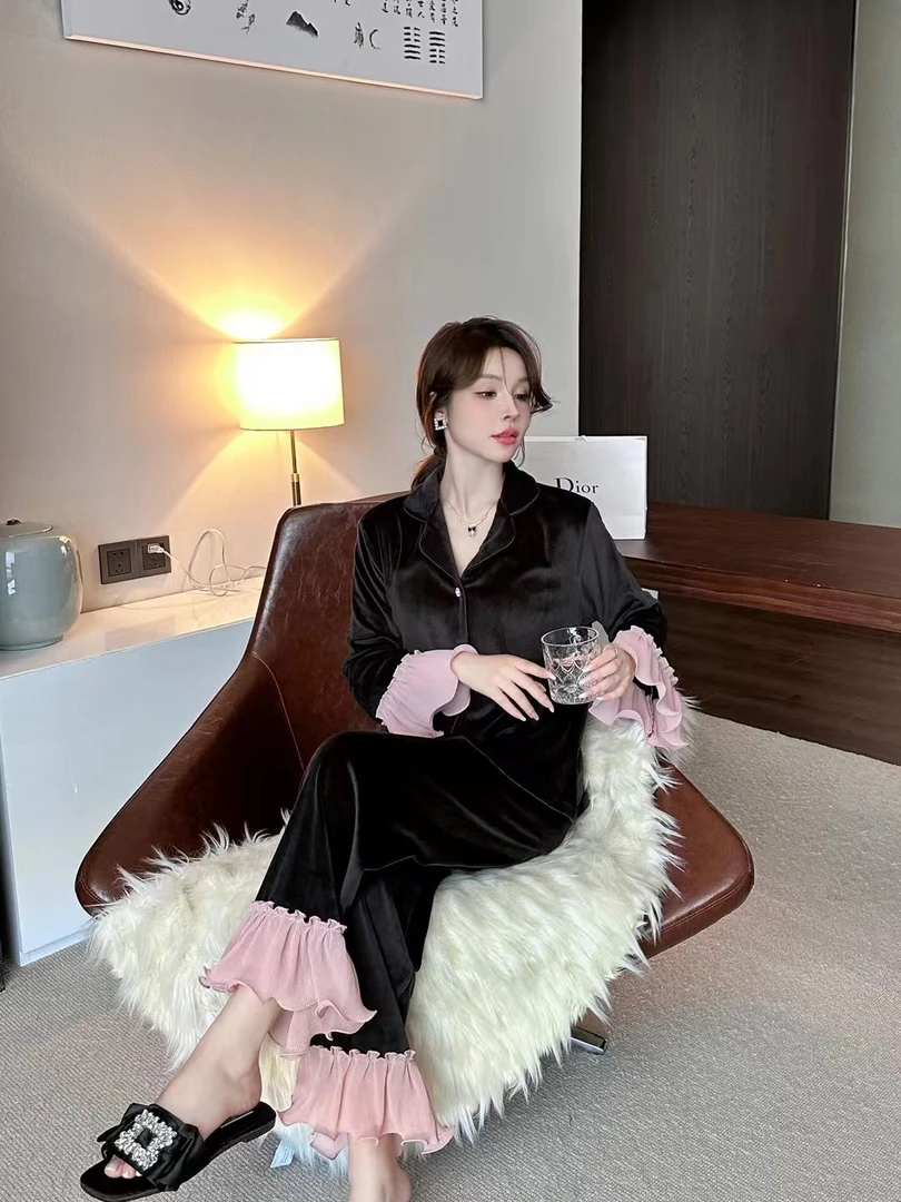 新款睡衣女秋冬季海岛绒长袖喇叭袖薄绒加厚套装高级感可外穿家居