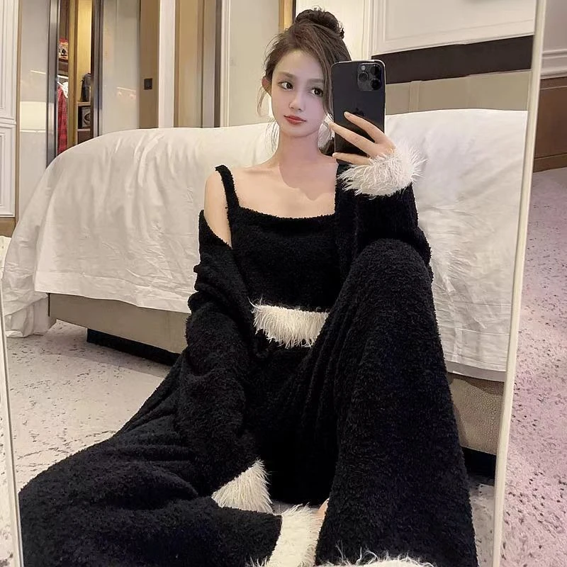 半边鸵鸟毛睡衣女秋冬三件套珊瑚绒高级感家居服冬天软绵绵