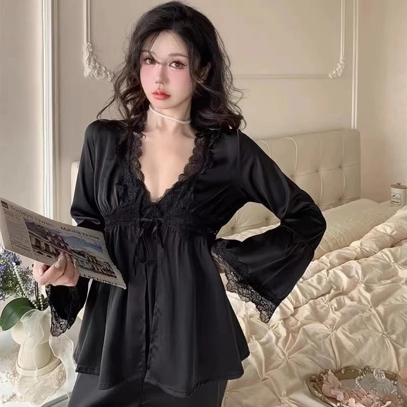 赵露思同款睡衣女2024春秋冰雪丝性感吊带三件套带胸垫网红套装