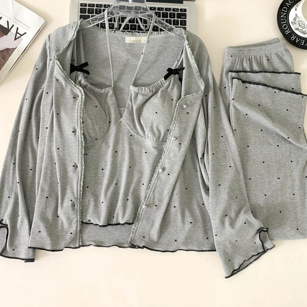 带胸垫吊带睡衣女秋冬新款代尔棉甜美波点长袖长裤家居服三件套