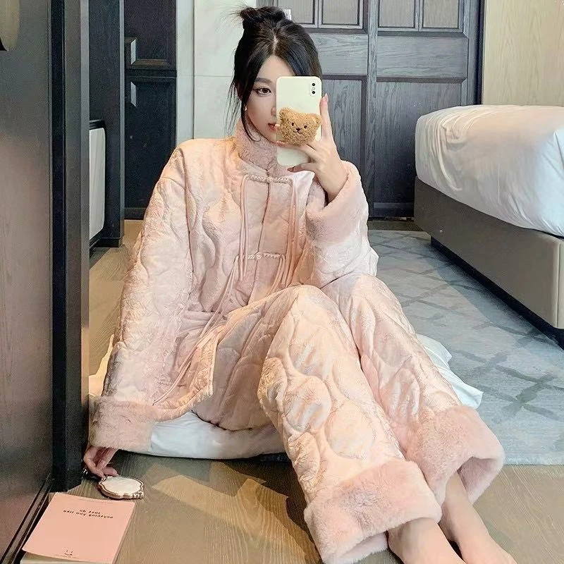 新中式珊瑚绒睡衣女冬款三层夹棉加绒加厚立领保暖国风外穿家居服