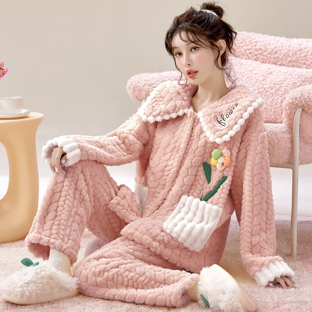 可外穿甜美可爱珊瑚绒毛绒睡衣套装柔软舒适暖绒秋冬法兰绒家居服