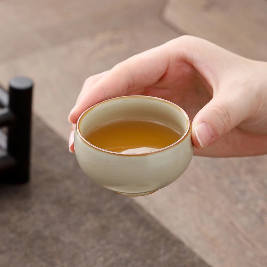 米黄汝窑小品茗杯可养开片功夫茶杯主人杯茶盏个人家用陶瓷茶具
