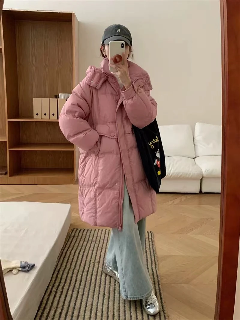 方格鸭绒羽绒服时尚连帽宽松中长款加厚保暖冬季羽绒服外套