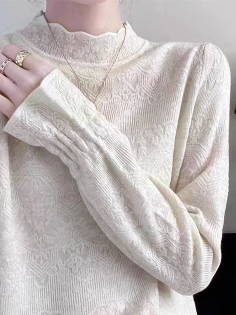 秋冬时尚百搭法式半高领提花蕾丝针织打底衫女洋气内搭毛衣长袖