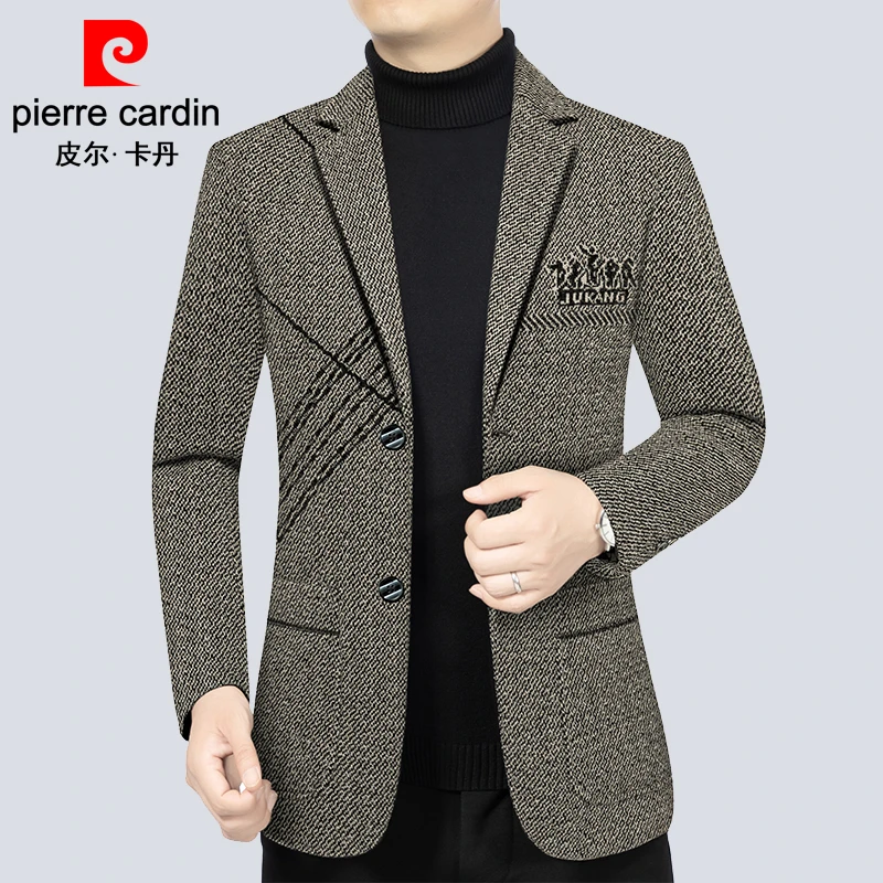 皮尔卡丹毛呢西装外套男厚款秋冬商务休闲中年男士西服上衣爸爸装