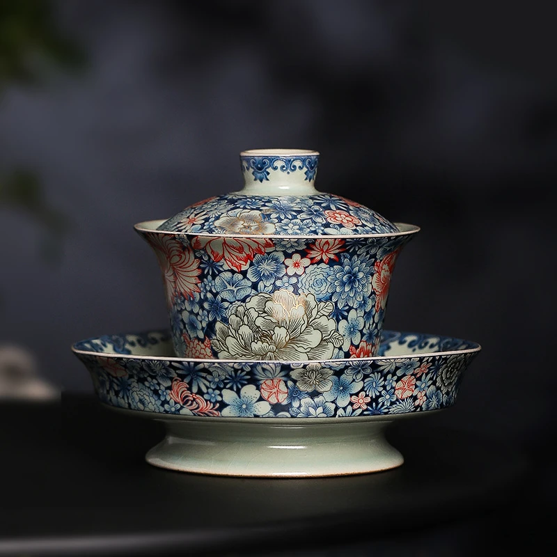天青汝窑开片掐丝金牡丹万花青花陶瓷三才盖碗功夫茶具泡茶器茶碗