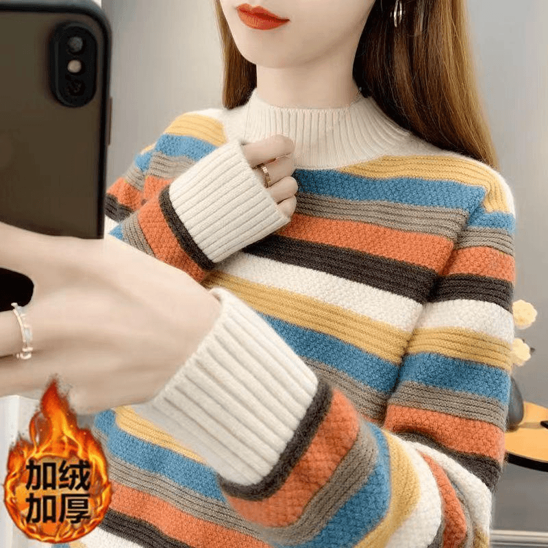 新款秋冬毛衣女半高领针织衫厚款2023百搭宽松显瘦条纹时尚打底衫