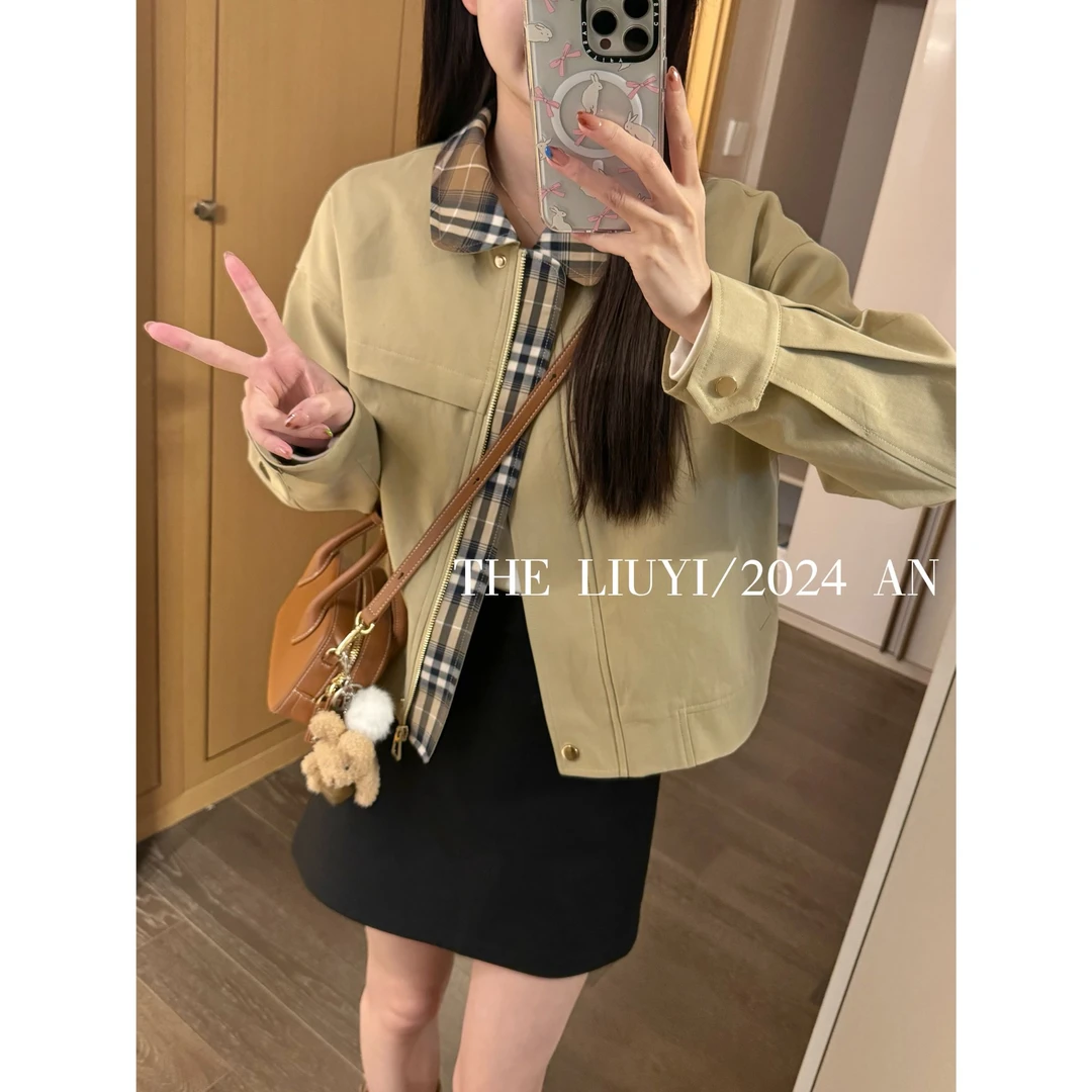 【LIUYI】旧金山～秋季卡其格子拼接翻领外套49076