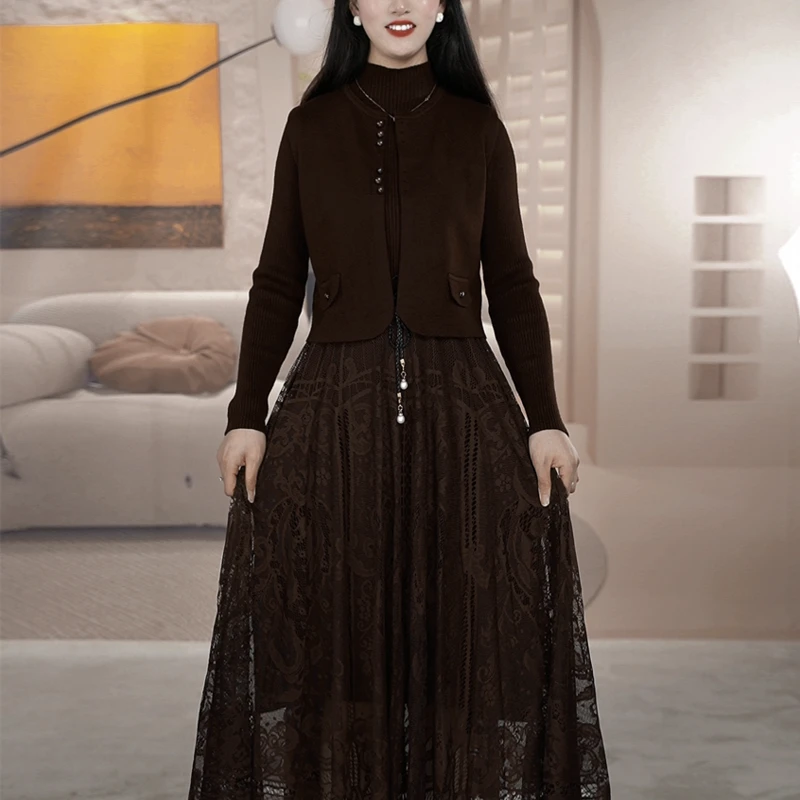 现货 柯艾两件套连衣裙女秋冬中长款时尚洋气高腰蕾丝大摆裙A字裙