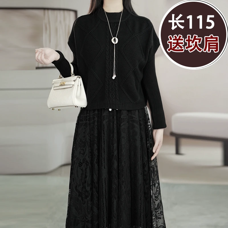 现货春秋连衣裙长袖气质针织裙中长款秋冬百搭时尚打底复古蕾丝裙