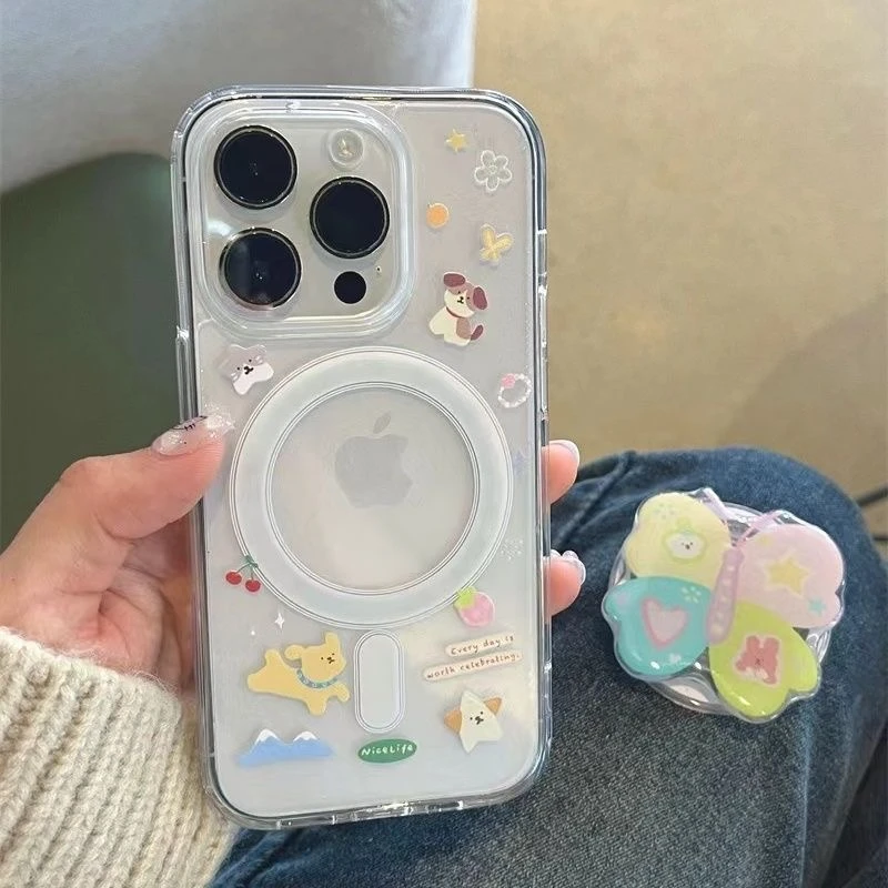 ins风可爱樱桃小狗iPhone16磁吸壳适用于苹果15/14透明防摔手机壳