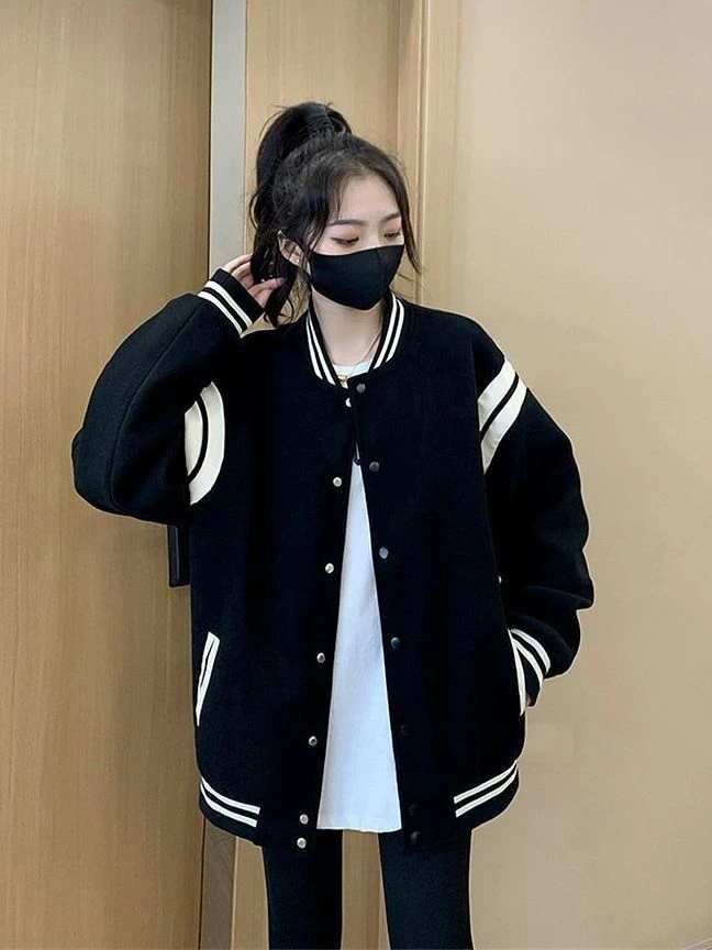 大码女装黑色棒球服ins春秋2023新款美式复古胖mm薄款卫衣外套女