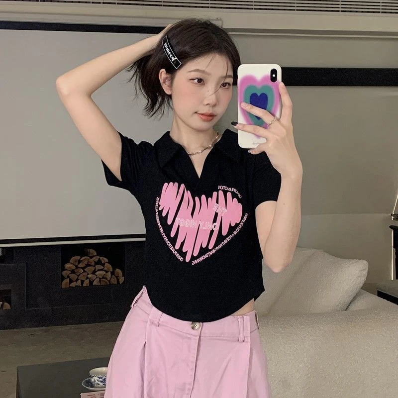 大码正肩polo衫短袖t恤女夏季微胖m纯欲风设计感别致短款辣妹上衣