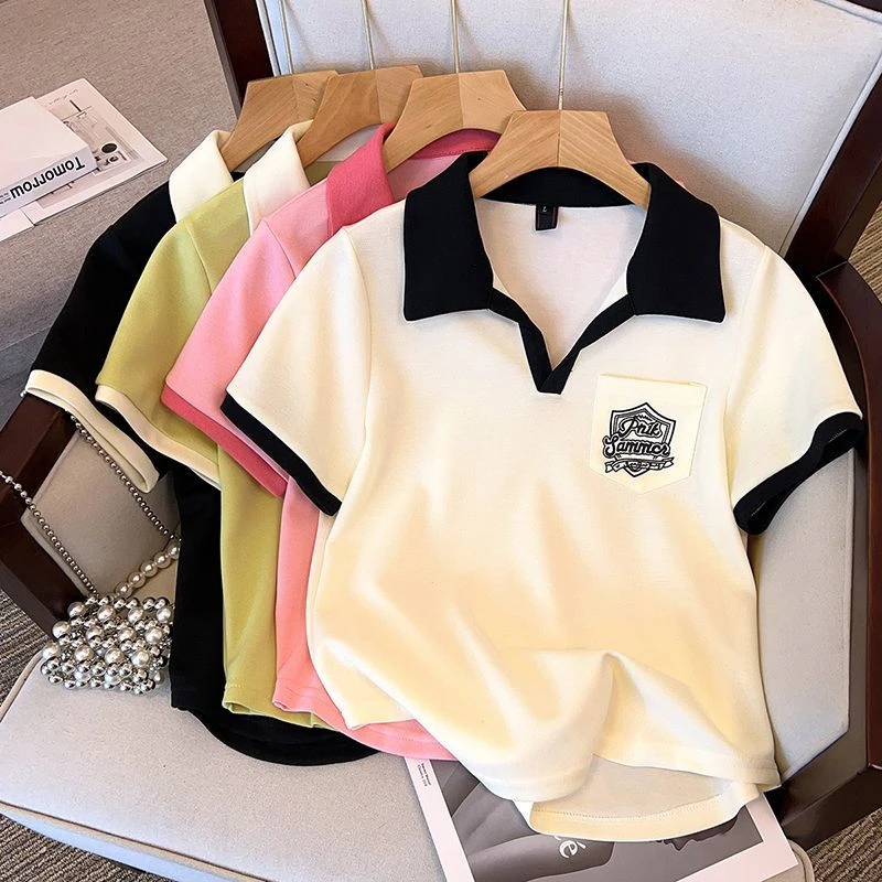 大码200斤夏季polo领弧形减龄撞色百搭设计感正肩短袖显瘦t恤女