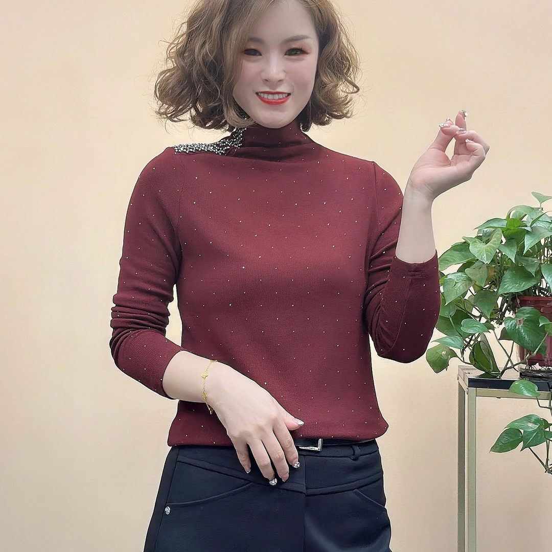 秋冬新款半高领烫钻显瘦长袖T恤时尚百搭洋气设计感女士小衫7531