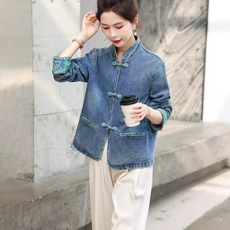 新中式立领盘扣拼色复古牛仔外套女春秋款洋气时尚百搭夹克牛仔衣