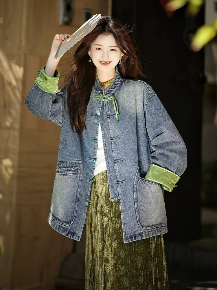 设计师女士时尚休闲新中式牛仔外套女春秋季宽松百搭国风夹克上衣