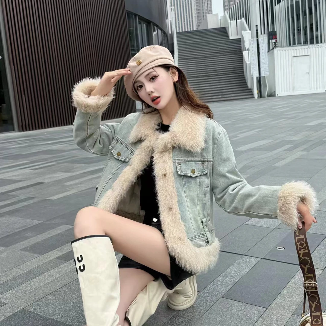 小香风网红时尚毛毛拼接复古牛仔棉衣女冬季气质百搭加绒棉服外套