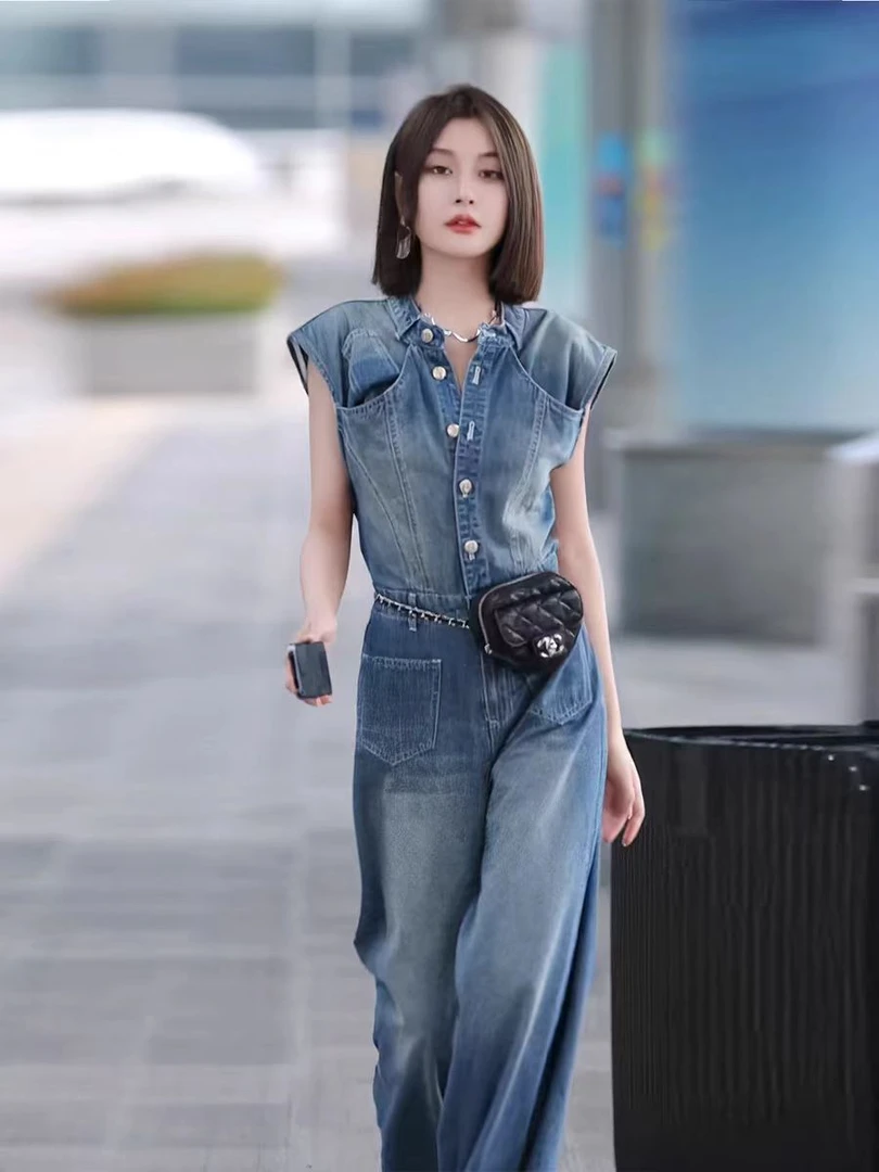 时尚高级休闲清凉洋气连体衣裤女牛仔夏季簿款立领收腰显瘦阔腿裤