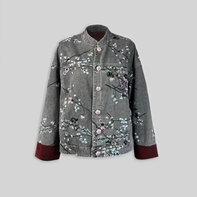 高级轻奢复古新中式牛仔短外套女春秋季洋气百搭精致刺绣夹克上衣