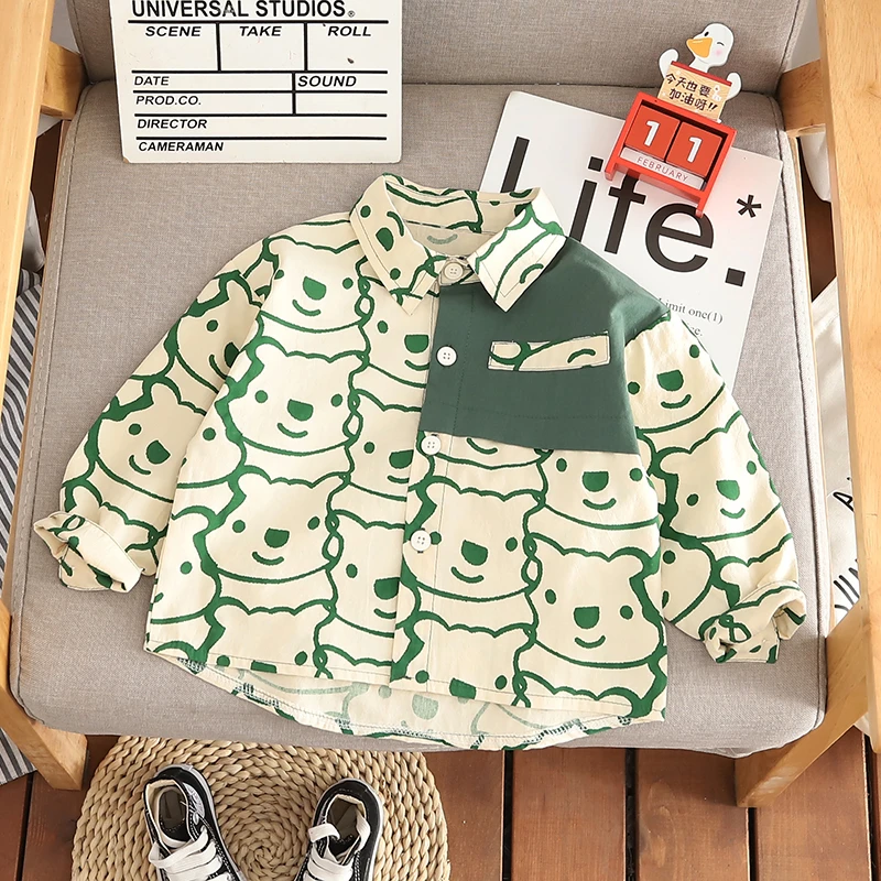 儿童衬衫2025新款春秋季男童满印小熊衬衣洋气宝宝秋装卡通上衣潮