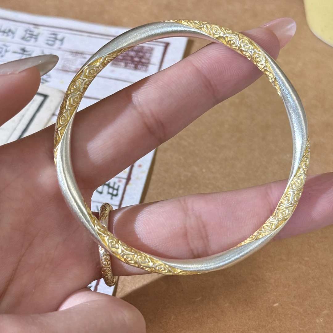足银手镯 吴越老银铺 祥云描金银手镯女足银999.9 闭口实心镯子