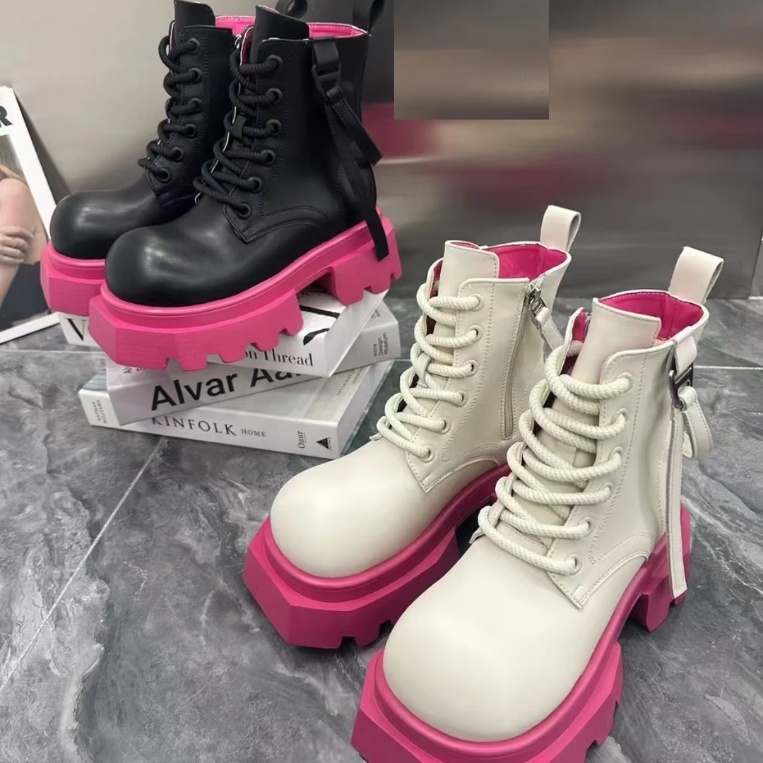 MSDD【增高7厘米】时尚英伦风厚底马丁靴撞色系带加绒增高短靴