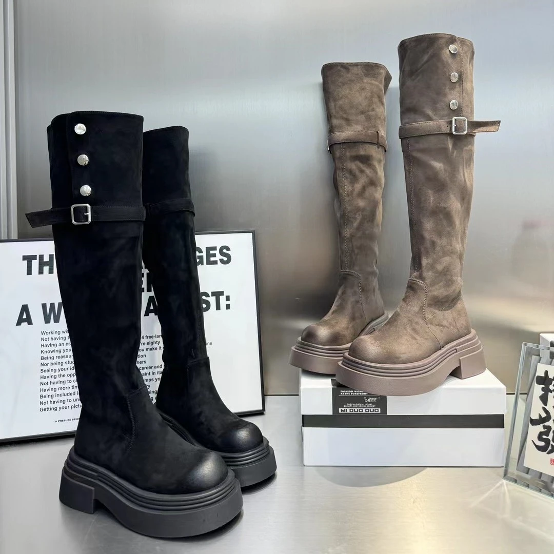 MSDD【6厘米】新款厚底长筒靴女百搭显瘦高筒靴过膝靴时尚复古风