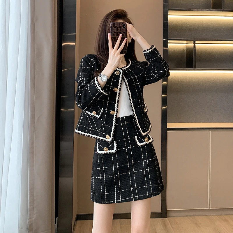 法式轻奢小香风套装女秋冬新款高级感粗花呢格纹气质半身裙两件套