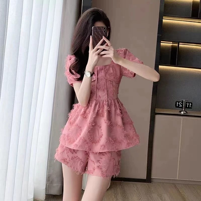 夏天法式甜美小香风套装夏季新款时尚方领短袖短裤连衣裙两件套女