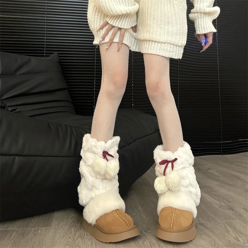 日系可爱毛球袜套秋冬y2k毛绒绒加绒加厚腿套jkins保暖显瘦中筒袜