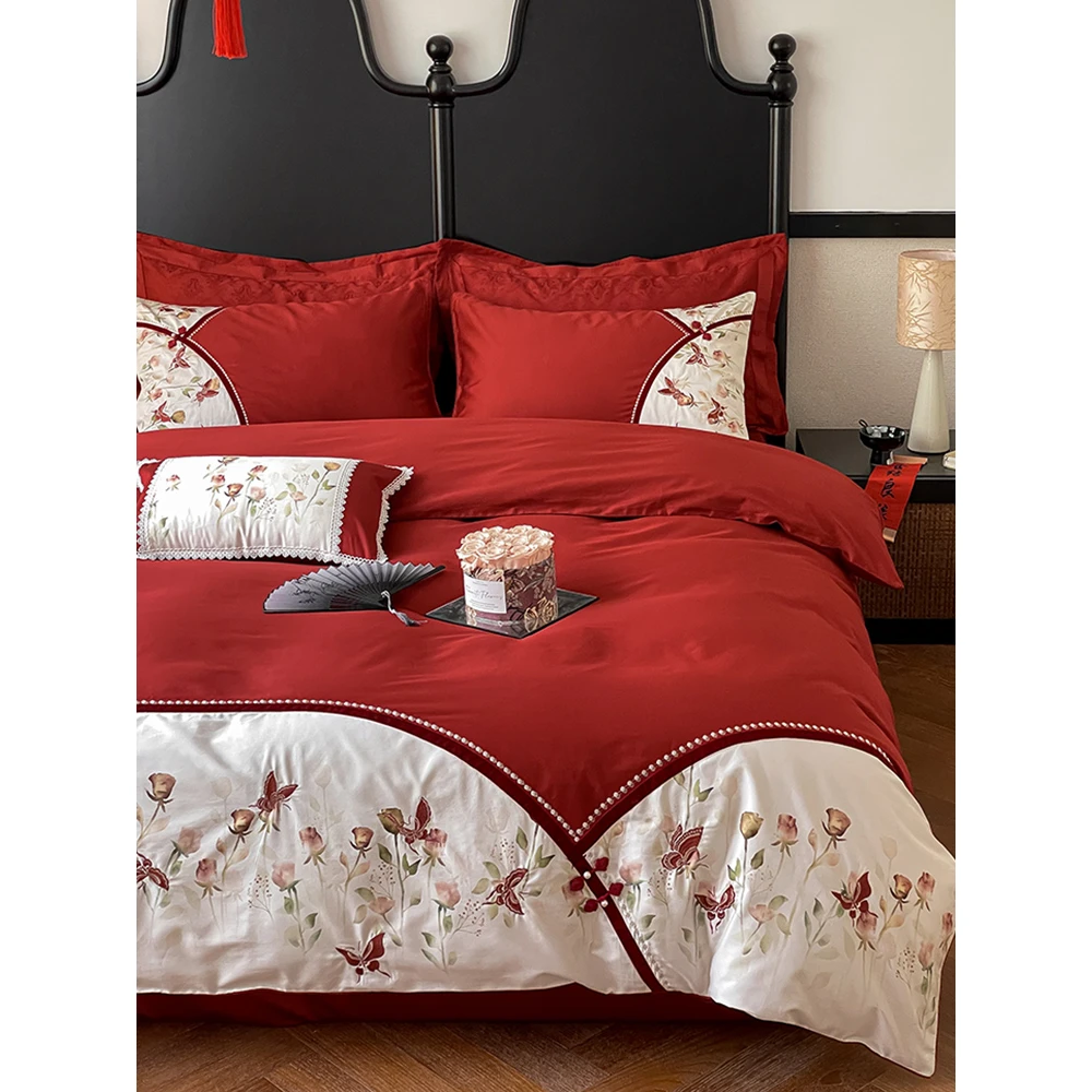 乐优公主100支长绒棉结婚四件套大红色婚庆喜被床单被套床上用品