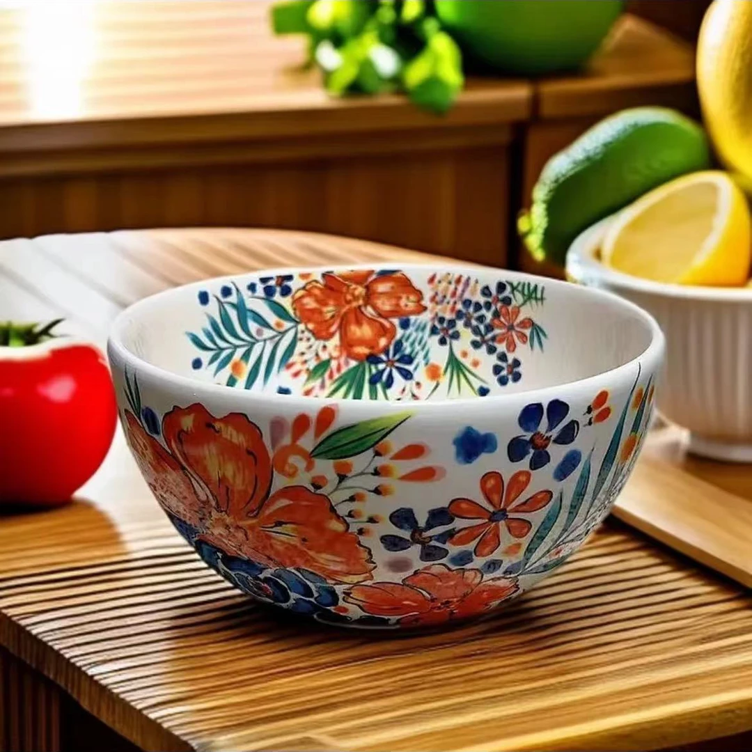 （2）高温瓷釉下彩三色堇8英寸大汤碗家用陶瓷手绘大碗