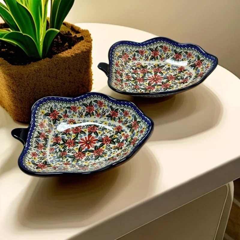 （2）波兰彩陶瓷釉下彩水果盘高颜值创意雏菊款树叶盘家用餐具盘