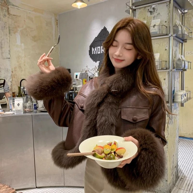 冬季新款毛毛外套女轻奢复古仿狐狸毛洋气时尚显瘦皮衣夹克短外套
