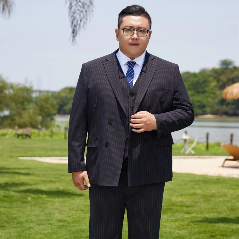 纱格大码西服男士双排扣加肥加大胖子宽松条纹西装新郎结婚礼服
