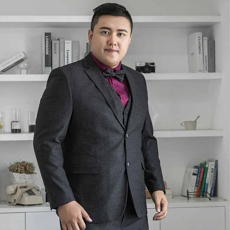 加肥加大男西装大码黑色套装男胖人宽松条纹显瘦正装新郎结婚礼服