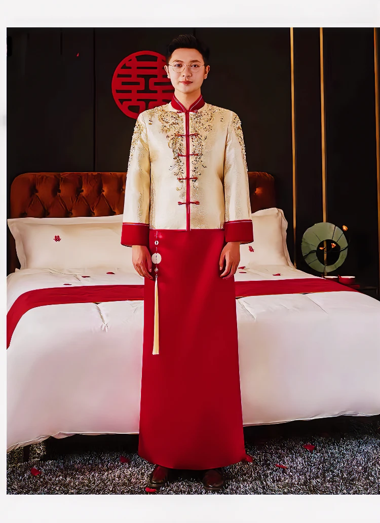 2025年新款男士秀禾服香槟色新郎结婚中式礼服龙凤褂大码婚服香槟
