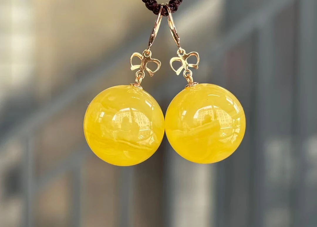 天然琥珀蜜蜡18K镶嵌耳钉耳坠蜜蜡耳环