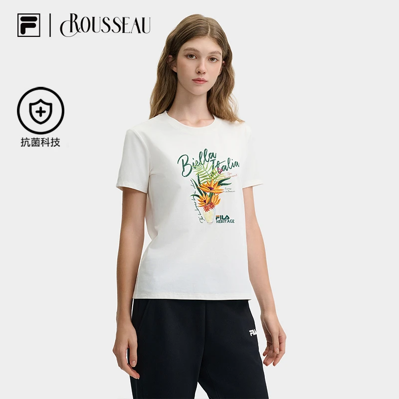 FILA x卢梭斐乐女针织短袖衫24冬休闲舒适刺绣圆领T恤F11W448101F