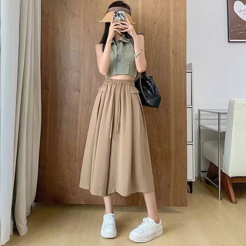 夏季休闲冰丝麻裤女小个子大码弹力高腰显瘦百搭垂感薄款七分裤裙