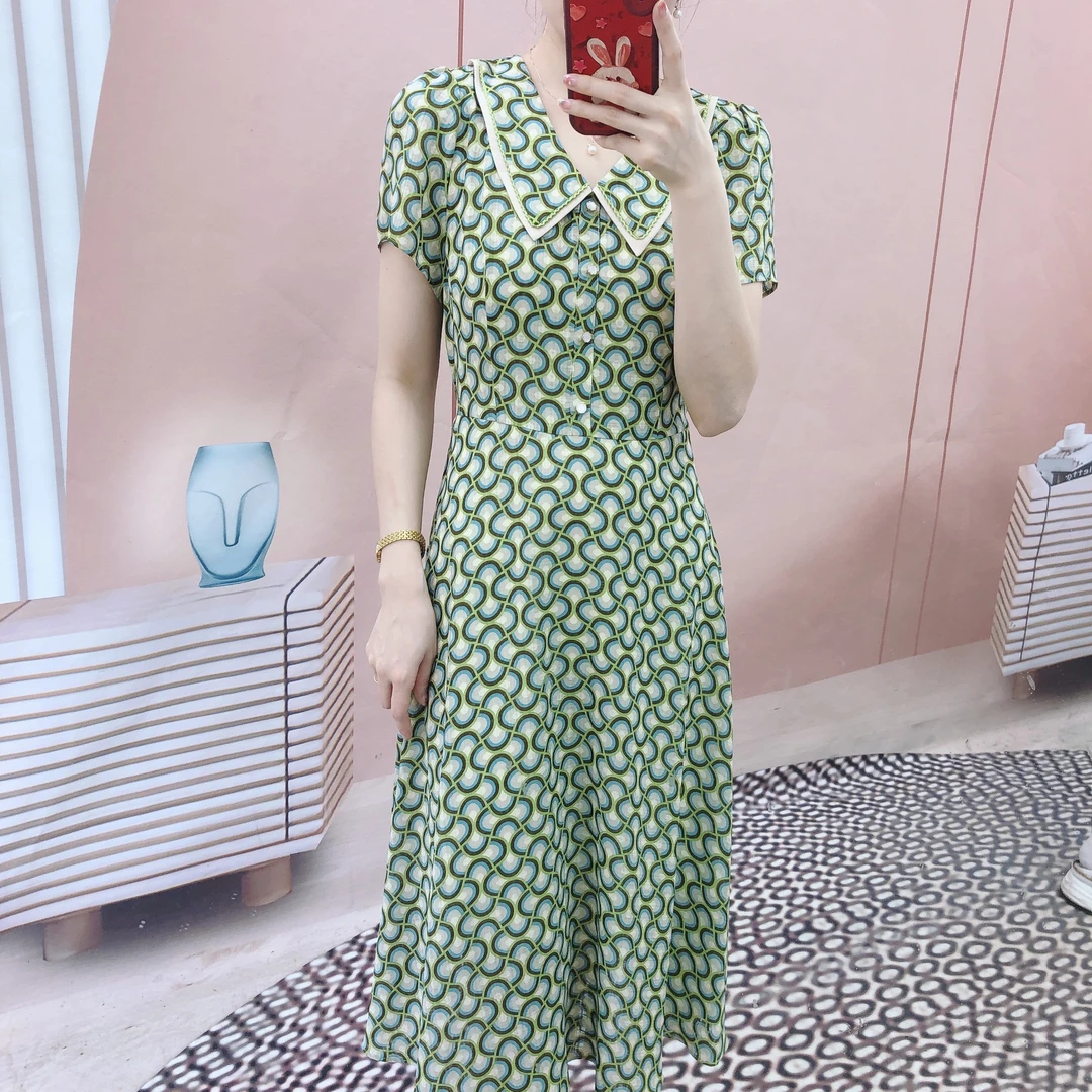 已开价092清C2品牌专柜新品气质翻领印花显瘦短袖连衣裙3092