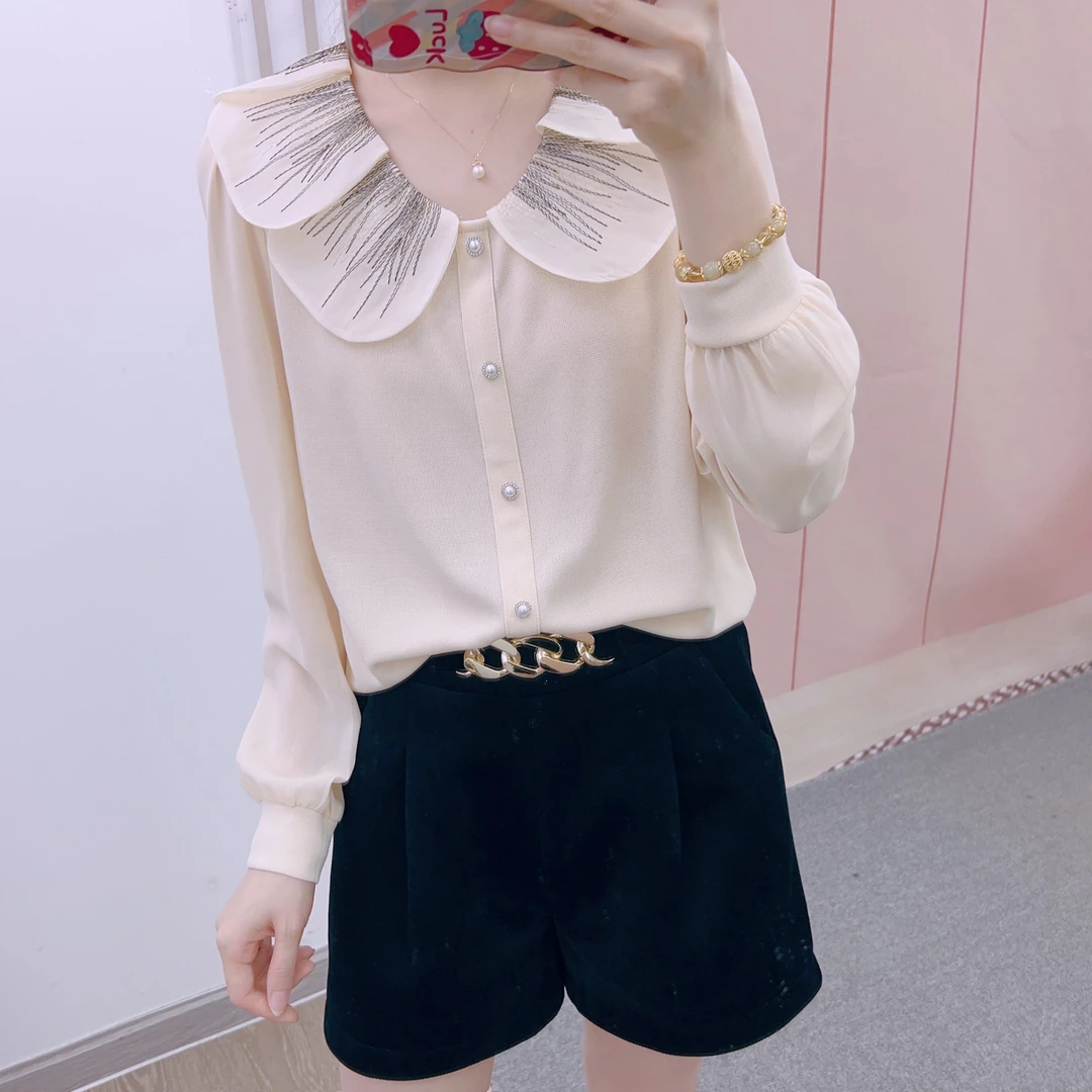 110清F5气质韩版花瓣娃娃领针织套头小衫1110衫